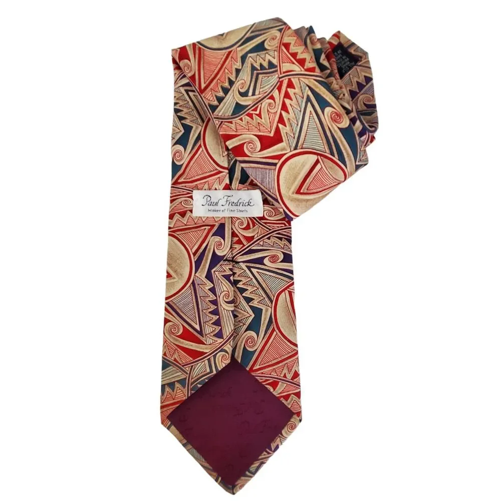 PAUL FREDRICK Handmade in‎ USA 100% Silk Men's Abstract Tan Red Green Necktie